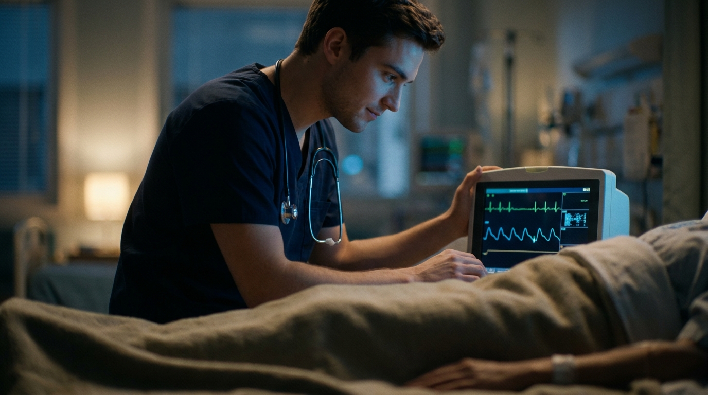 Nurse monitoring a patient's ECG, since abnormal calcium levels can lengthen or shorten the QT interval