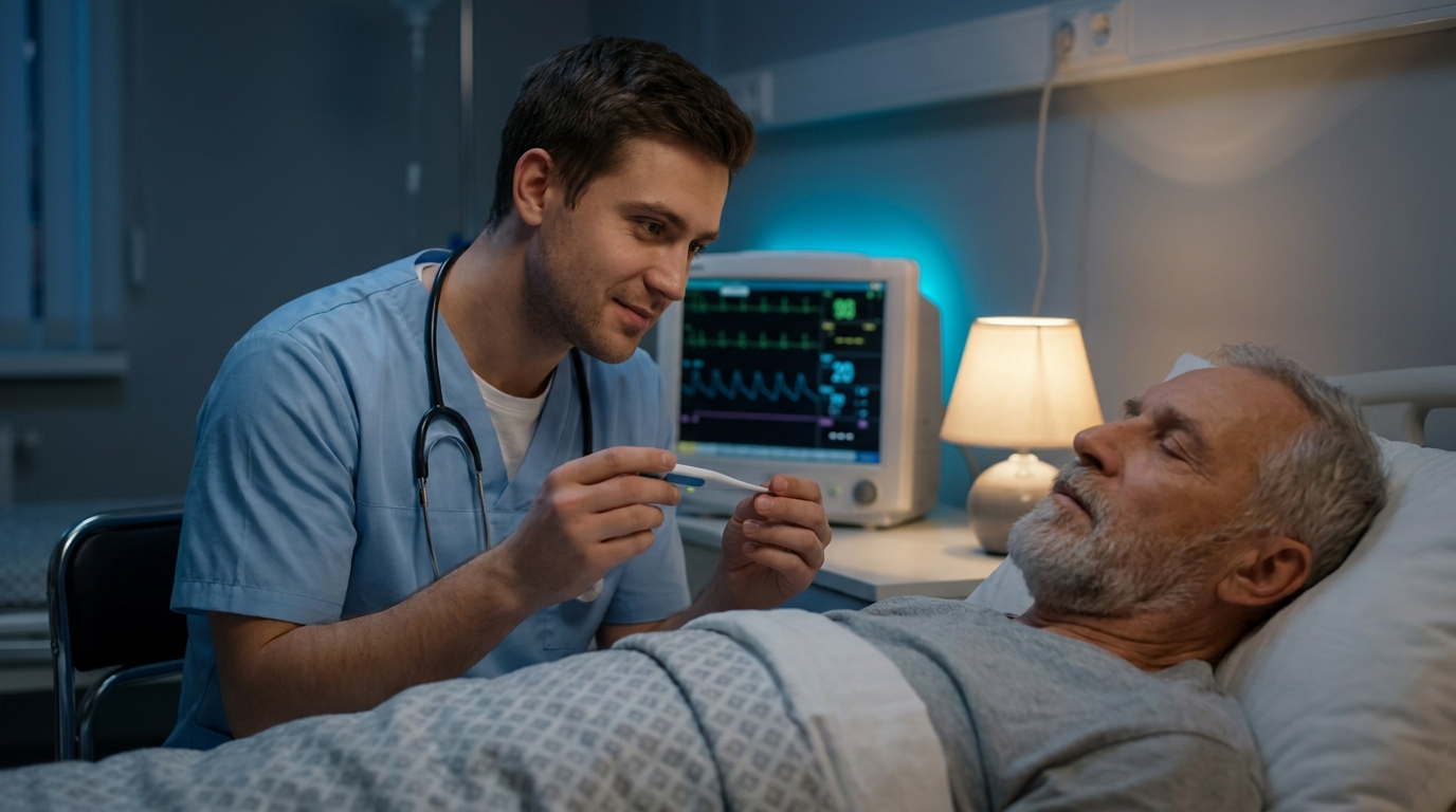 Nurse closely monitoring a drowsy elderly patient whose breathing rate has slowed