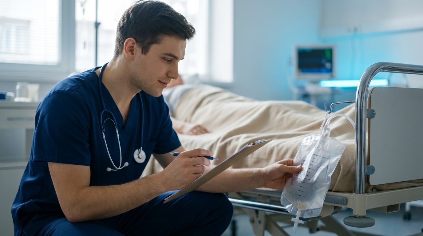 Nurse checking a patient's urine output on a bedside collection bag to monitor normal urine output in mL/kg/hr