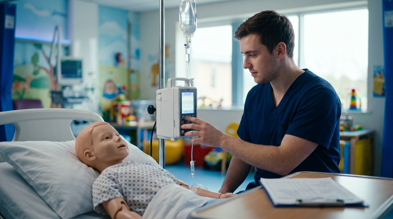 Nurse checking an infusion pump rate on a pediatric training manikin to verify maintenance IV fluids