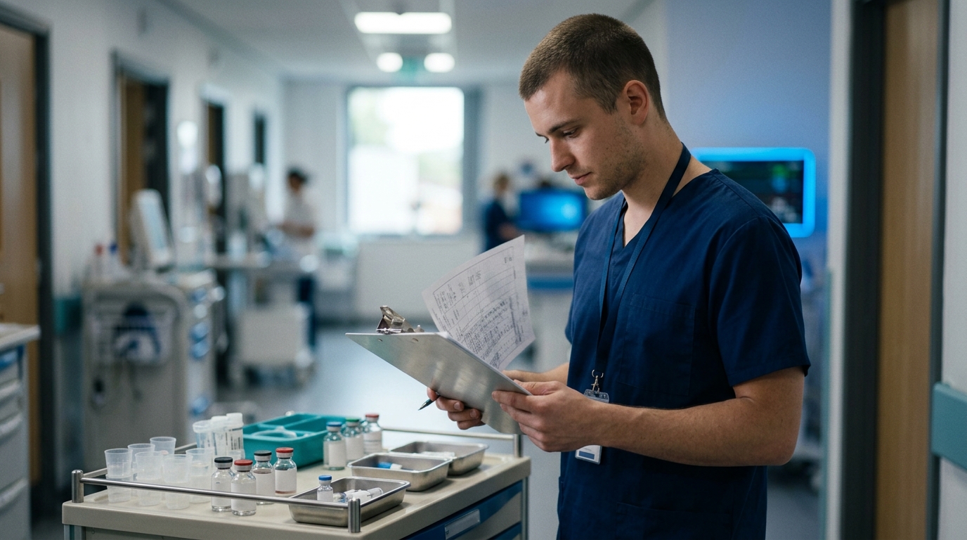 Nurse double-checking a medication chart and dose before giving medicine to a patient