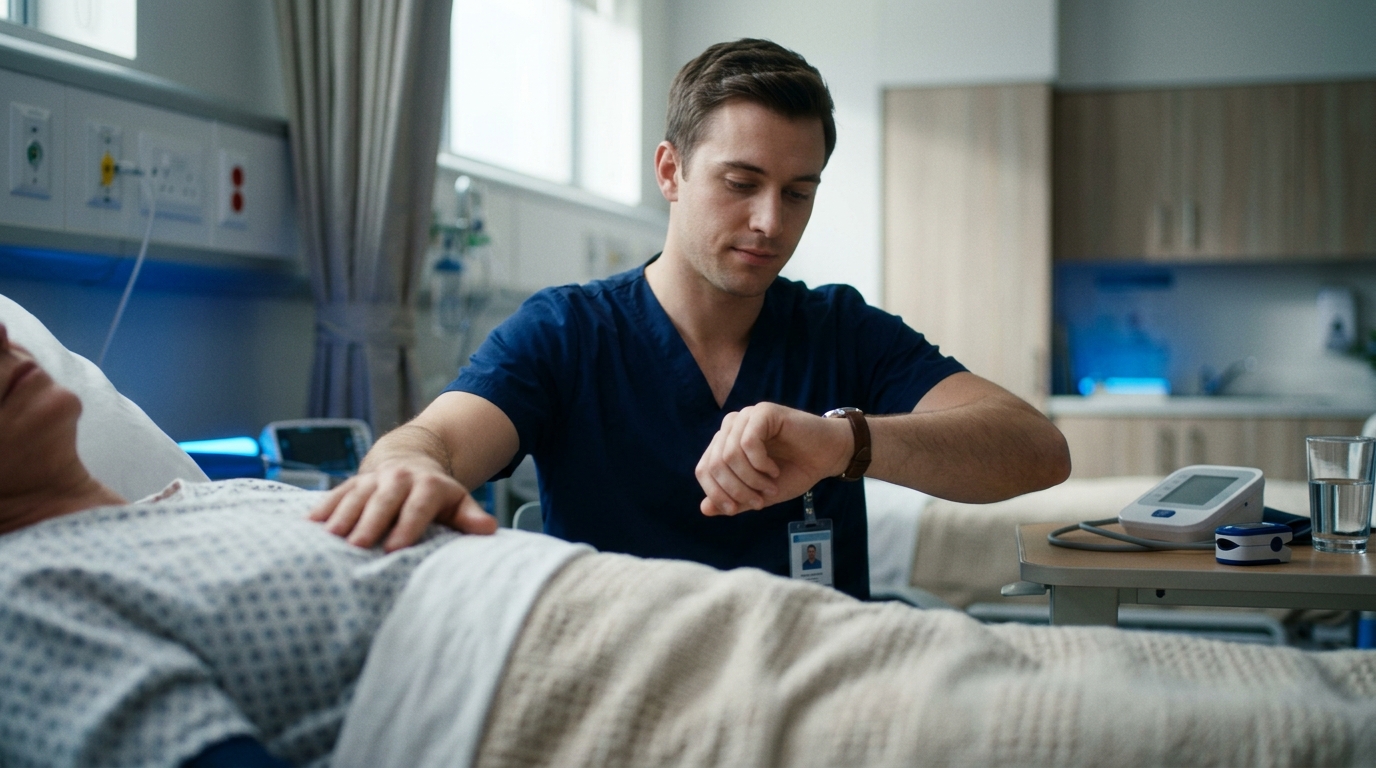 Nurse counting a patient's respiratory rate and checking vital signs to calculate the qSOFA score