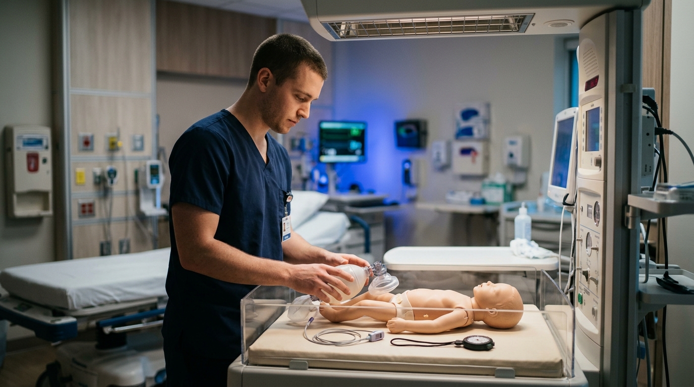 Nurse preparing neonatal resuscitation equipment, which is recorded on the expanded Apgar score form