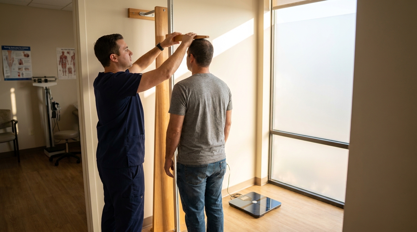 Nurse measuring patient height and weight to choose actual, ideal or adjusted body weight for Cockcroft-Gault calculation
