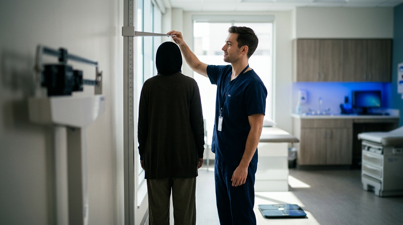 Nurse measuring a patient's height and weight to calculate body surface area