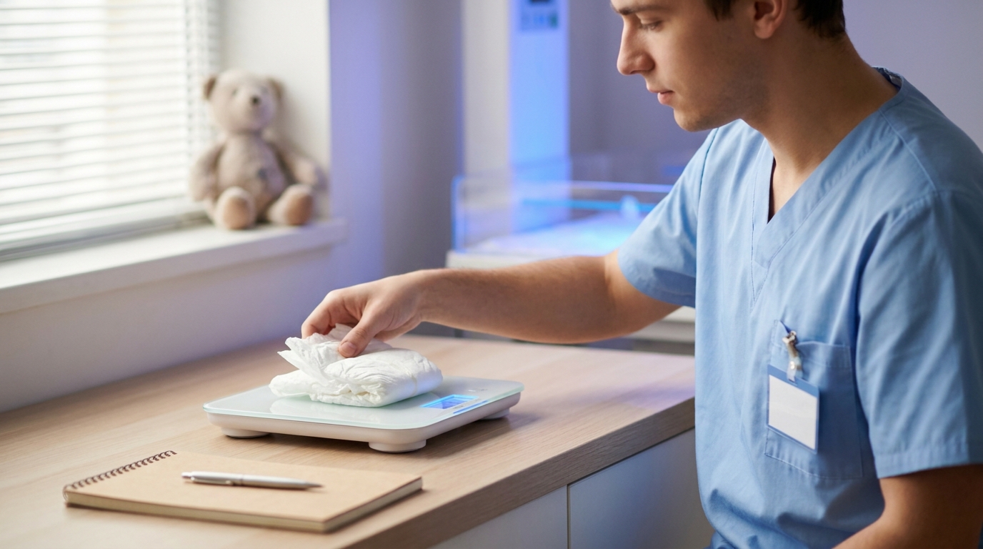 Nurse weighing a clean diaper on a digital scale to measure an infant's urine output accurately