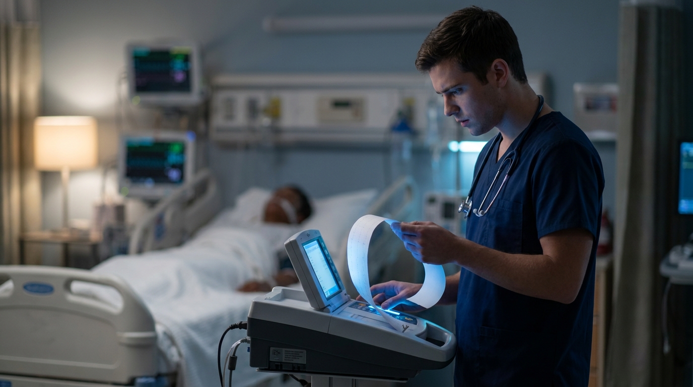 Nurse checking a blood gas analyzer printout to assess acid-base balance and the anion gap in an ICU patient