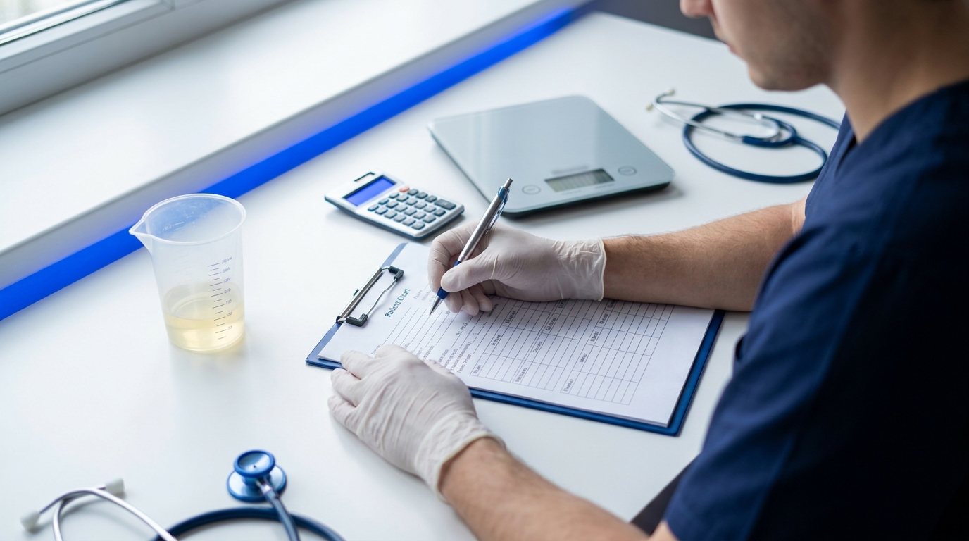 Nurse calculating urine output in mL/kg/hr using patient weight, volume and time