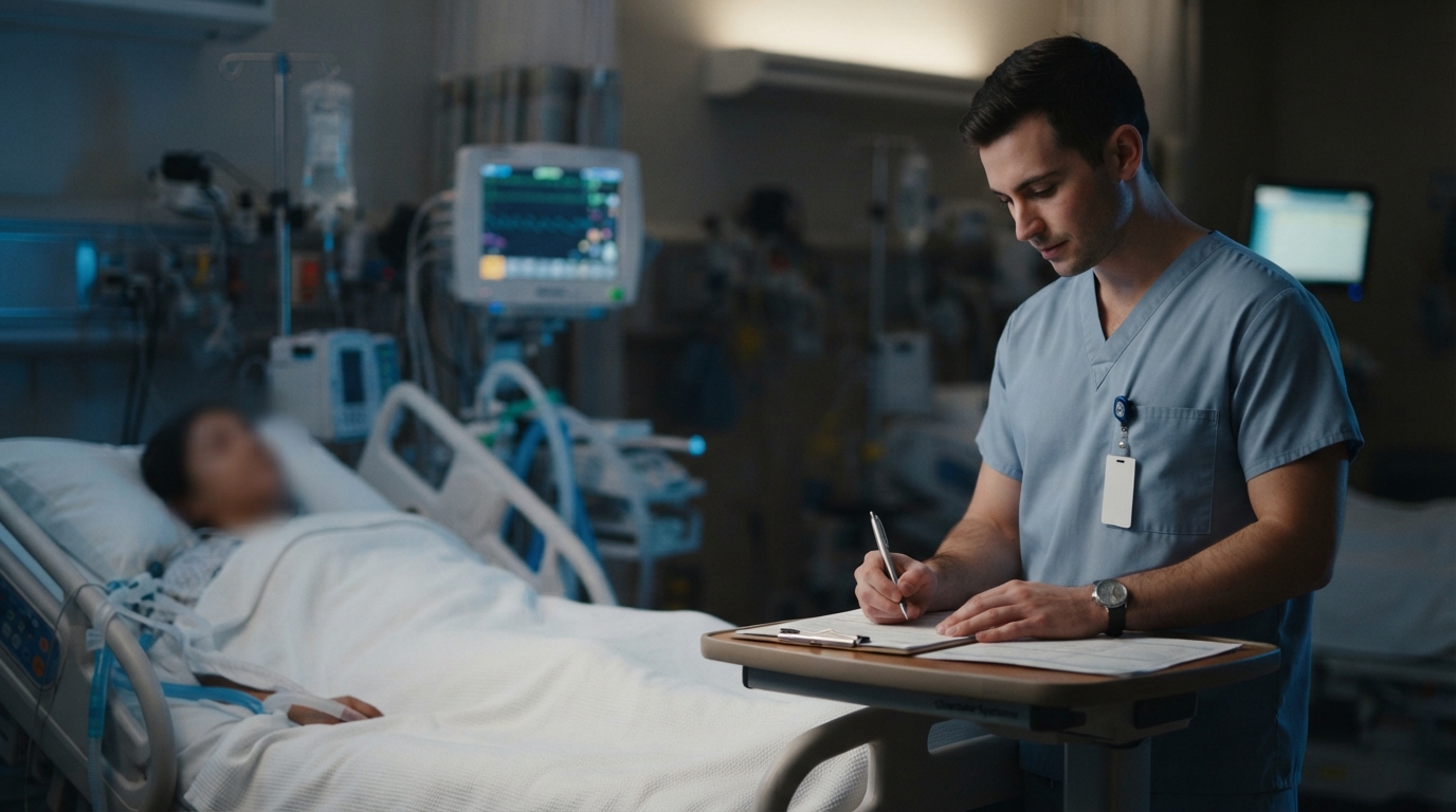 Nurse recording hourly urine output and vital signs for a burn patient receiving fluid resuscitation