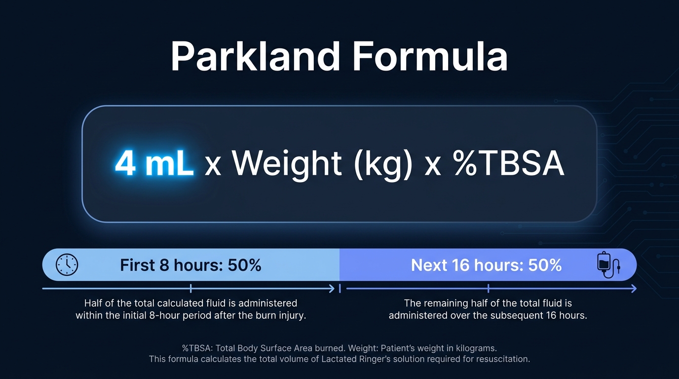 Parkland formula infographic showing 4 mL x weight x percent TBSA with half given in 8 hours and half in 16 hours