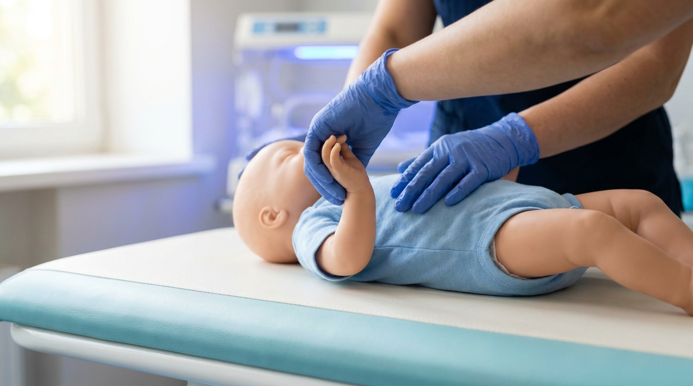 Pediatrician performing the square window wrist test on a neonatal manikin during a Ballard neuromuscular assessment