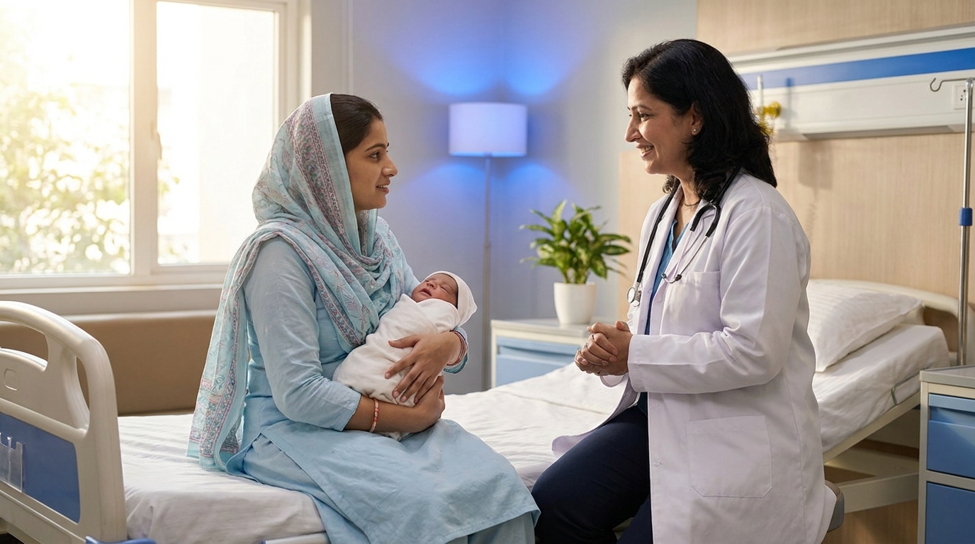 Pediatrician counseling a mother holding her healthy term newborn after gestational age assessment