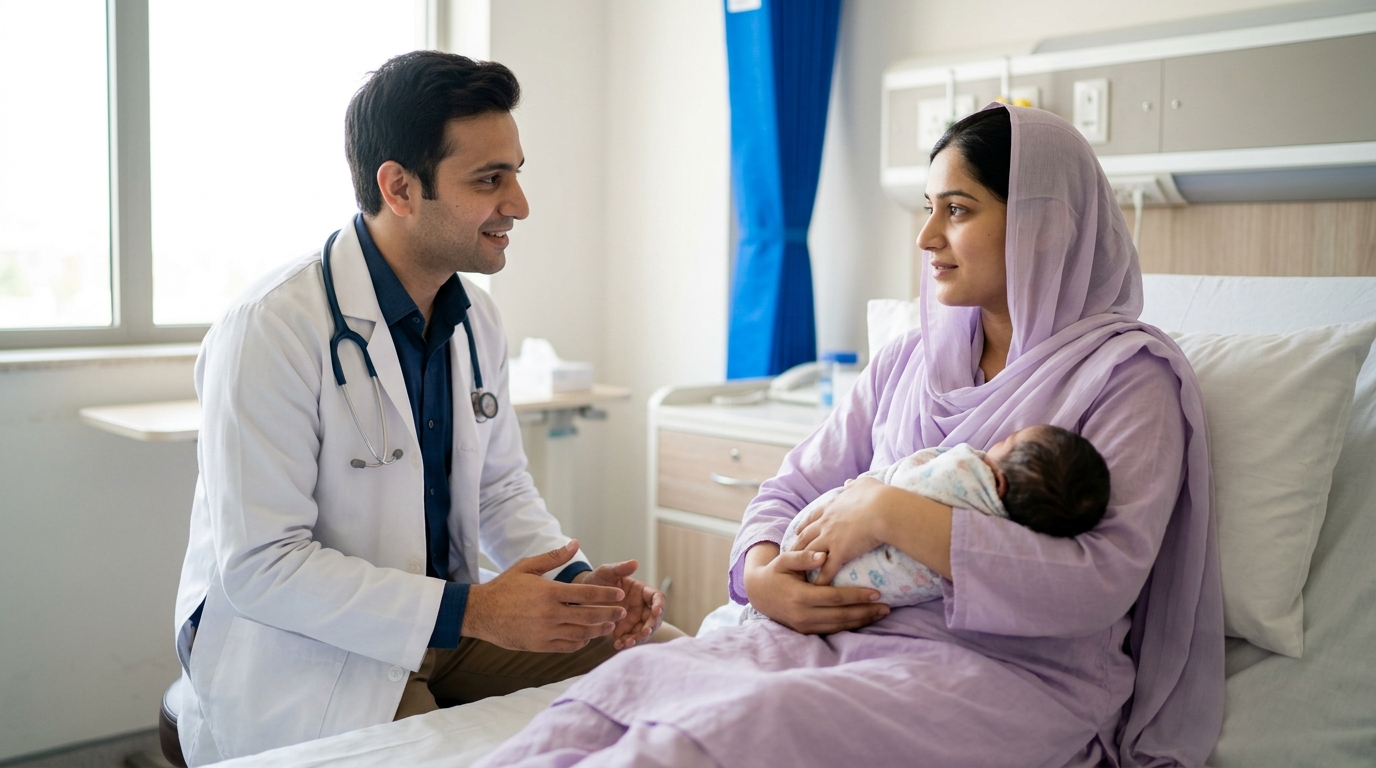 Pediatrician explaining the Apgar score to a mother holding her swaddled newborn