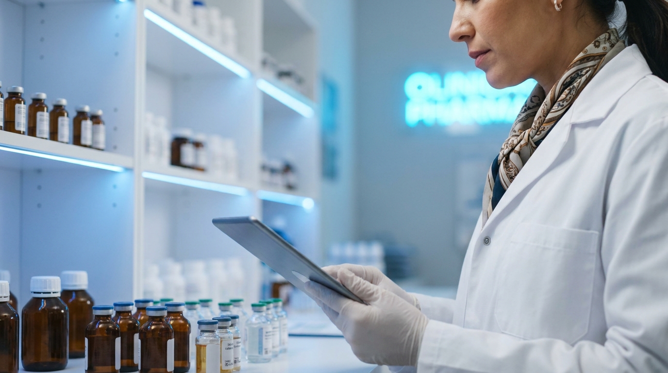 Pharmacist checking a medication dose calculated from ideal body weight in a hospital pharmacy