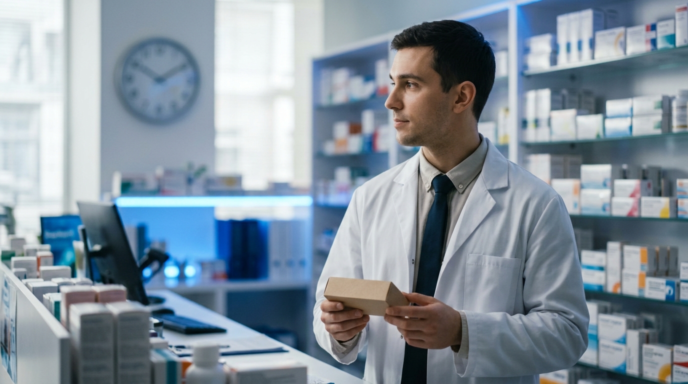 Pharmacist checking a medicine and the time to understand drug half-life and dosing intervals