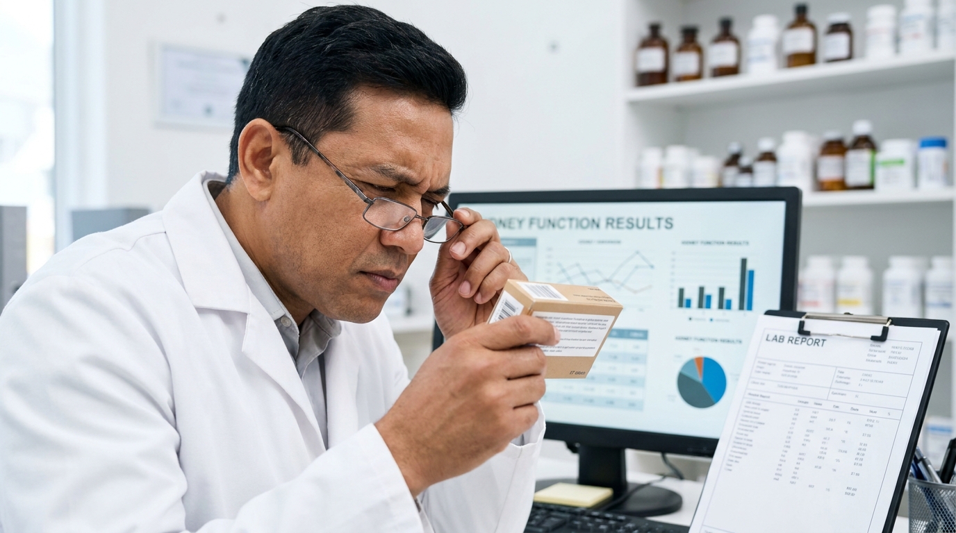 Pharmacist checking a drug label and kidney function result to adjust medicine dose based on creatinine clearance