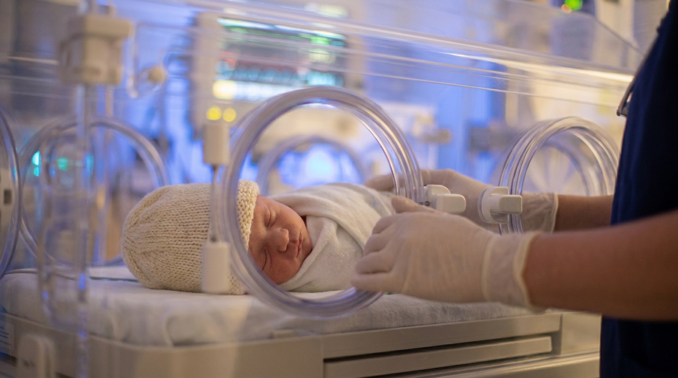Premature newborn sleeping in a NICU incubator, showing why accurate gestational age assessment matters