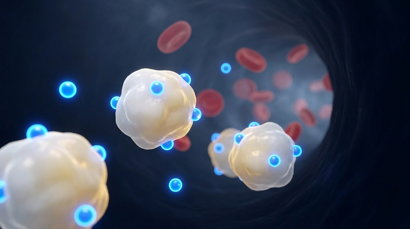 3D illustration of calcium ions bound to albumin and free ionized calcium in the bloodstream