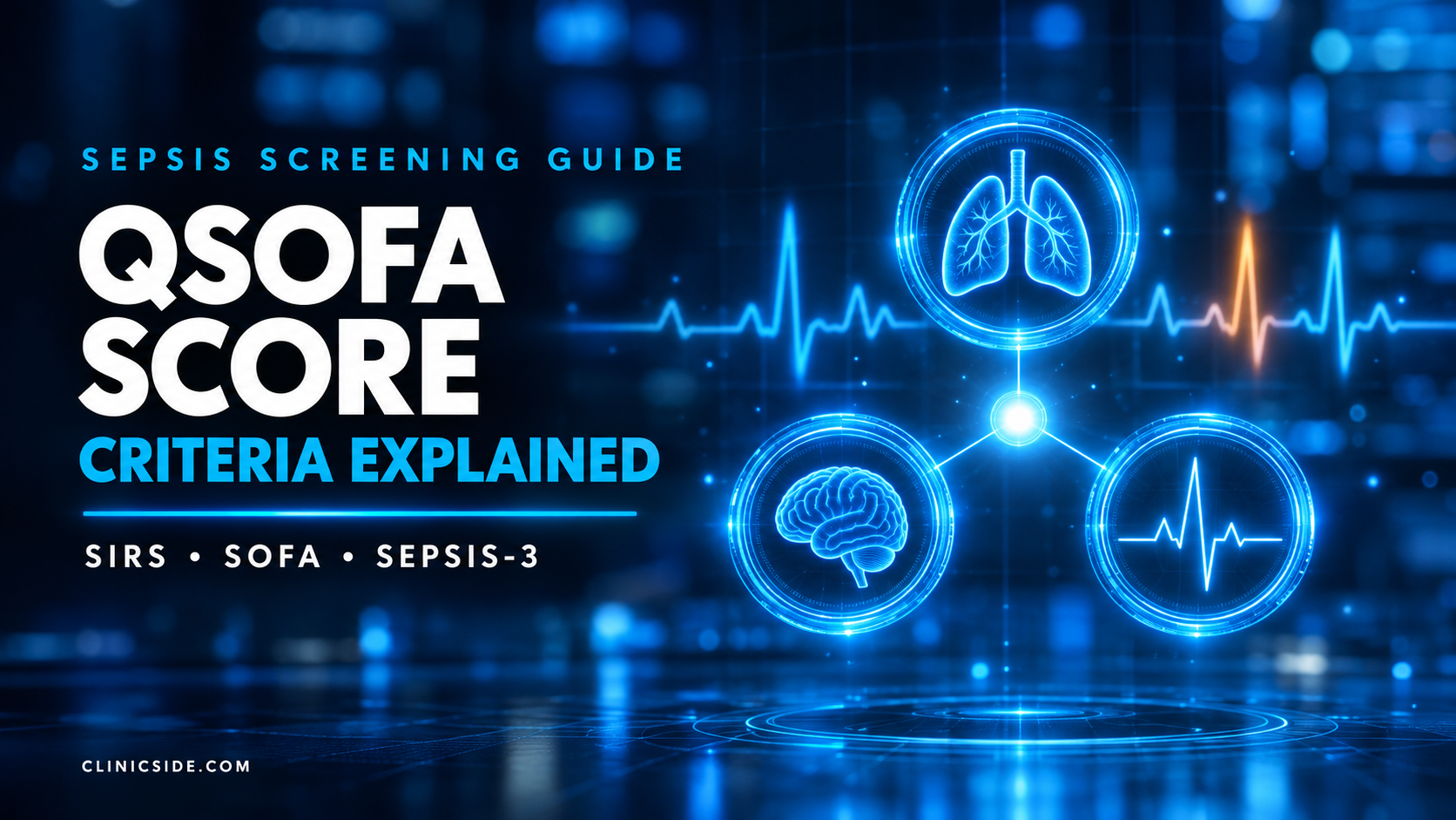 qSOFA score thumbnail showing three glowing blue ring gauges for breathing, mental state and blood pressure with an ECG waveform