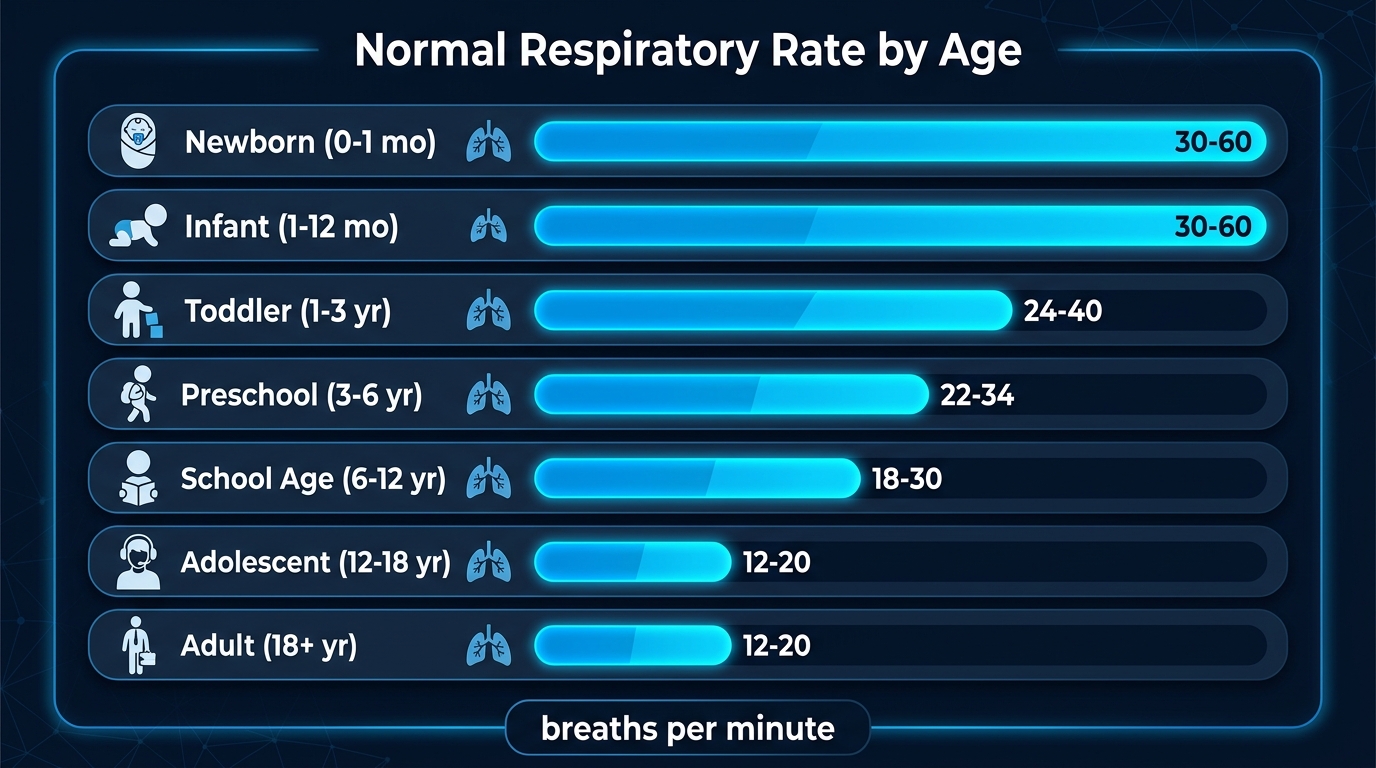 Chart showing the normal respiratory rate by age from newborn to adult in breaths per minute
