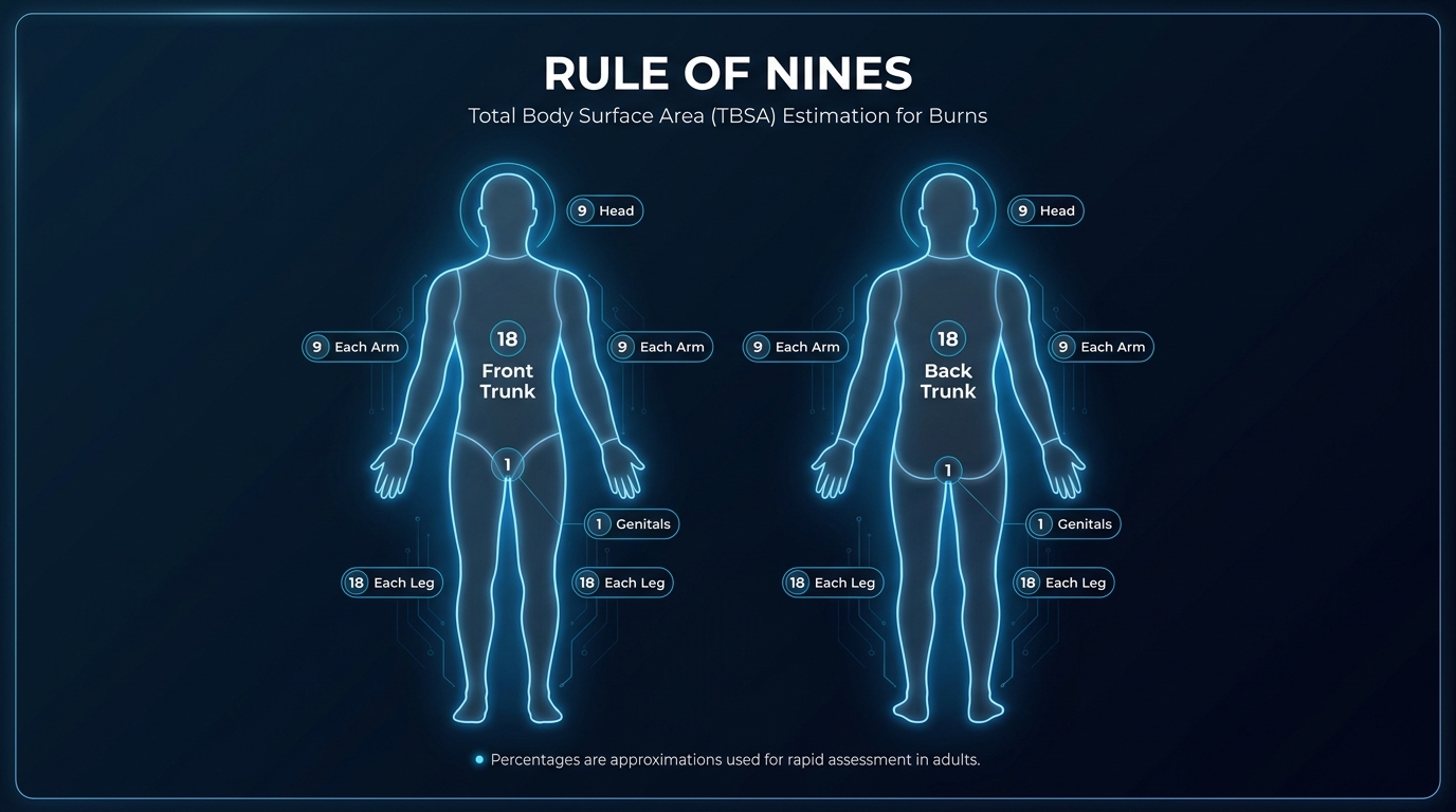 Rule of nines chart showing the percentage of total body surface area for each body region in adults