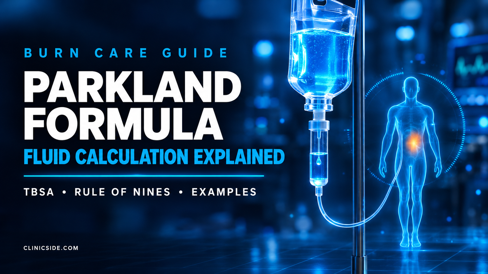 Parkland formula thumbnail showing a glowing blue IV fluid bag connected to a holographic body silhouette