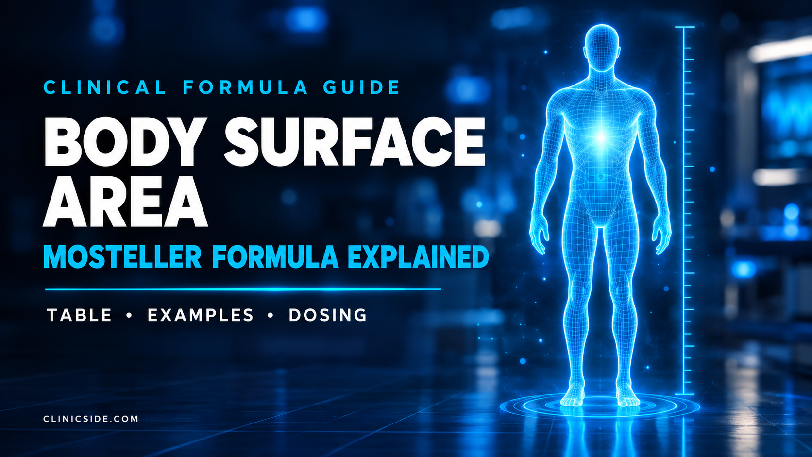 Body surface area formula thumbnail showing a holographic body wrapped in a blue wireframe mesh beside a height ruler