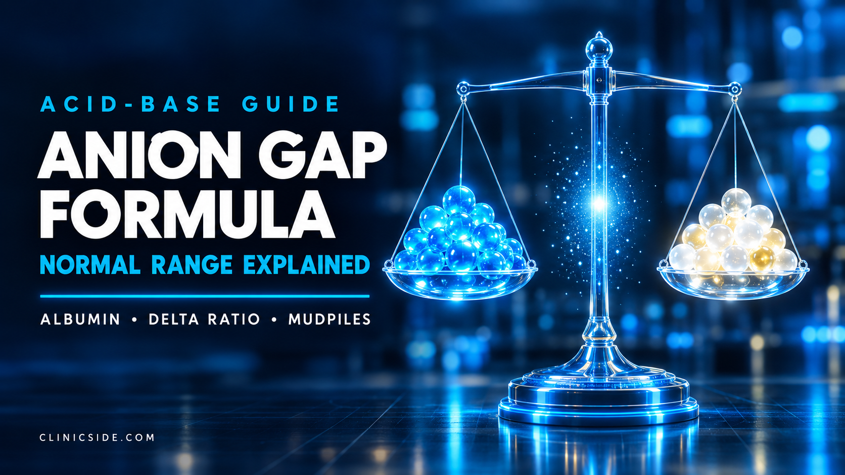 Anion gap formula thumbnail showing a glowing glass balance with blue and white ions and a gap between them